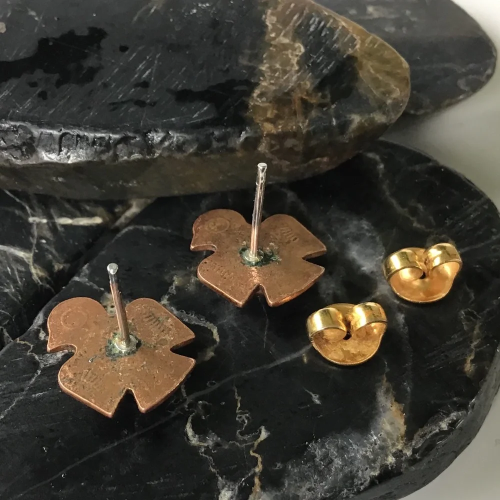 Vintage Copper Turquoise Earrings Thunderbird Southwest Style Pierced - Picture 3 of 12